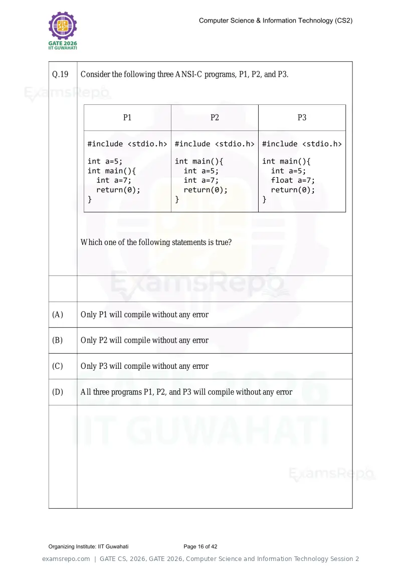 GATE CS 2026 question paper, GATE 2026, Computer Science and Information Technology Session 2, page 16 of 42