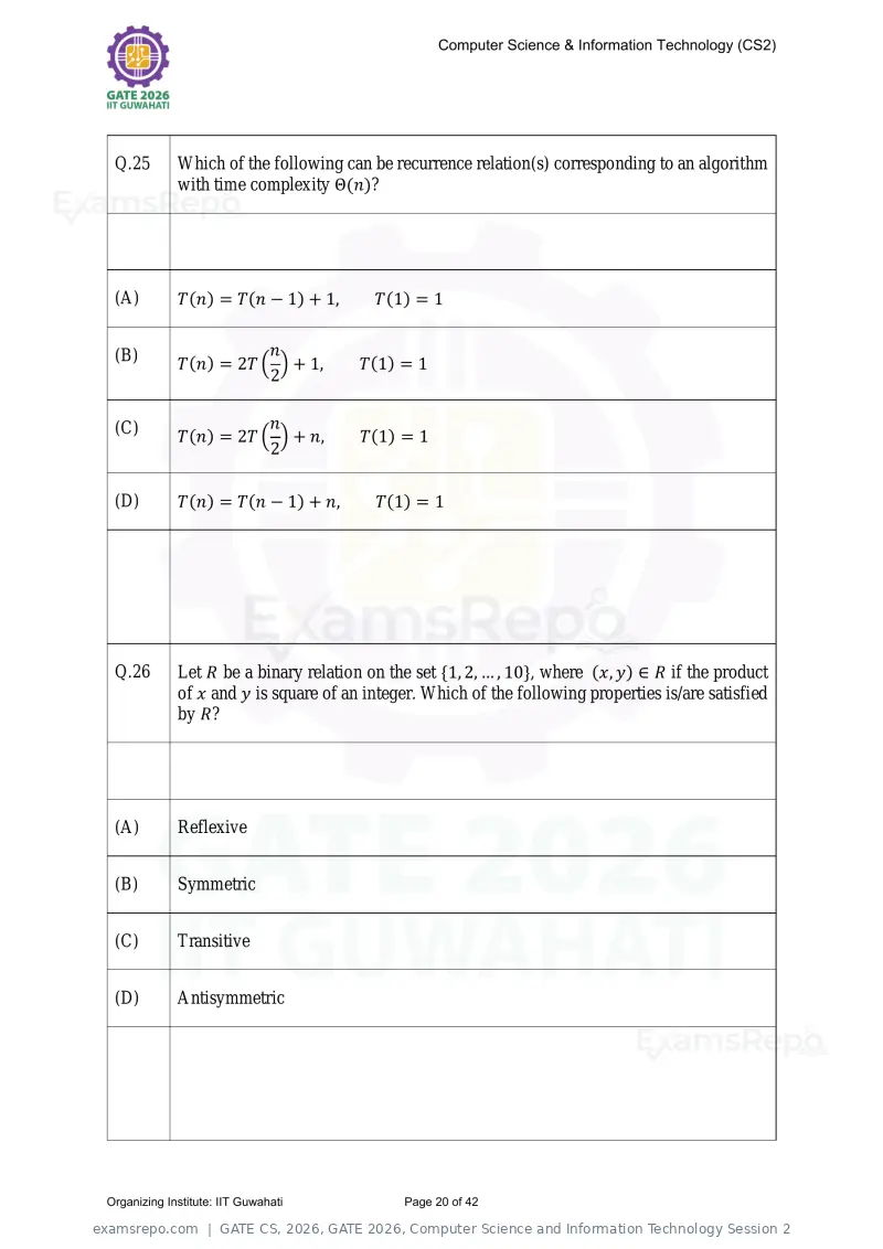 GATE CS 2026 question paper, GATE 2026, Computer Science and Information Technology Session 2, page 20 of 42