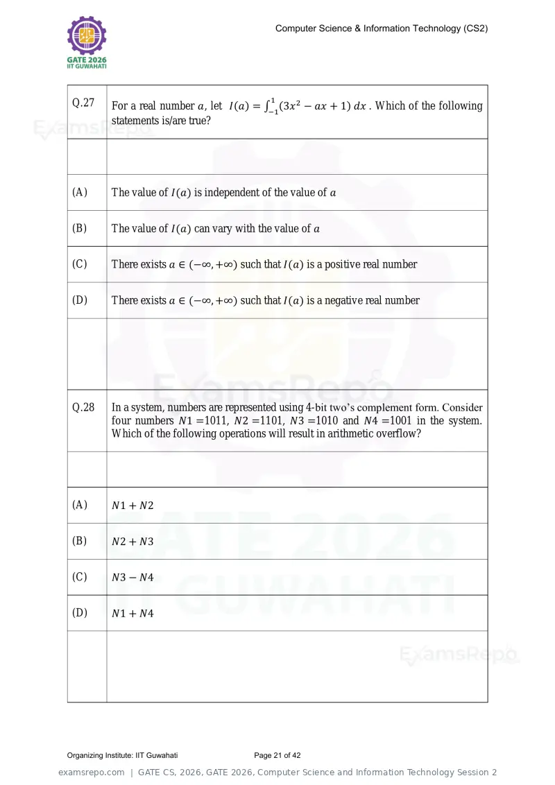 GATE CS 2026 question paper, GATE 2026, Computer Science and Information Technology Session 2, page 21 of 42