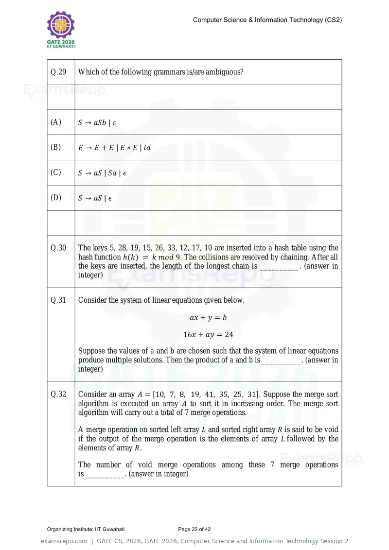 GATE CS 2026 question paper, GATE 2026, Computer Science and Information Technology Session 2, page 22 of 42