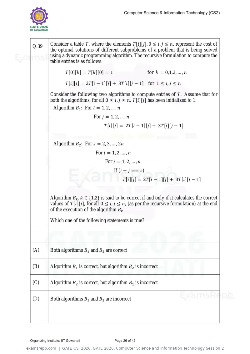 GATE CS 2026 question paper, GATE 2026, Computer Science and Information Technology Session 2, page 26 of 42
