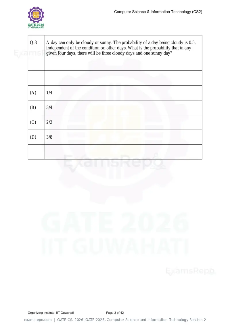 GATE CS 2026 question paper, GATE 2026, Computer Science and Information Technology Session 2, page 3 of 42
