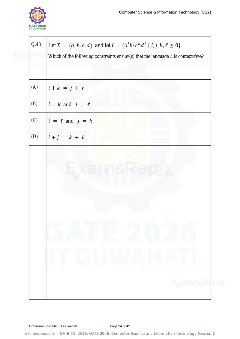 GATE CS 2026 question paper, GATE 2026, Computer Science and Information Technology Session 2, page 34 of 42