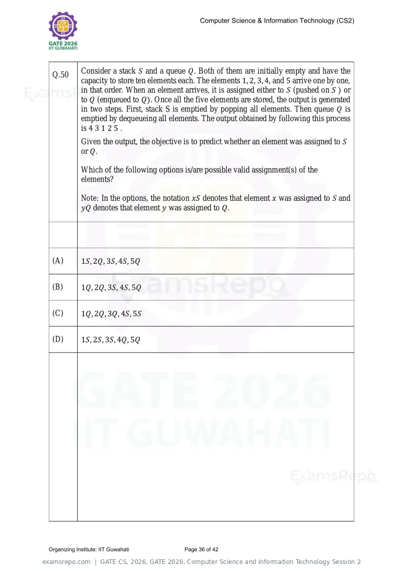 GATE CS 2026 question paper, GATE 2026, Computer Science and Information Technology Session 2, page 36 of 42