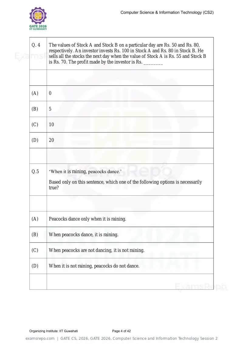 GATE CS 2026 question paper, GATE 2026, Computer Science and Information Technology Session 2, page 4 of 42