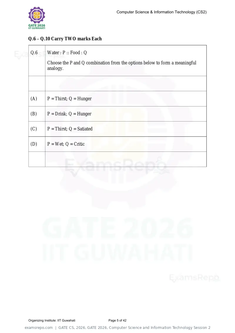GATE CS 2026 question paper, GATE 2026, Computer Science and Information Technology Session 2, page 5 of 42
