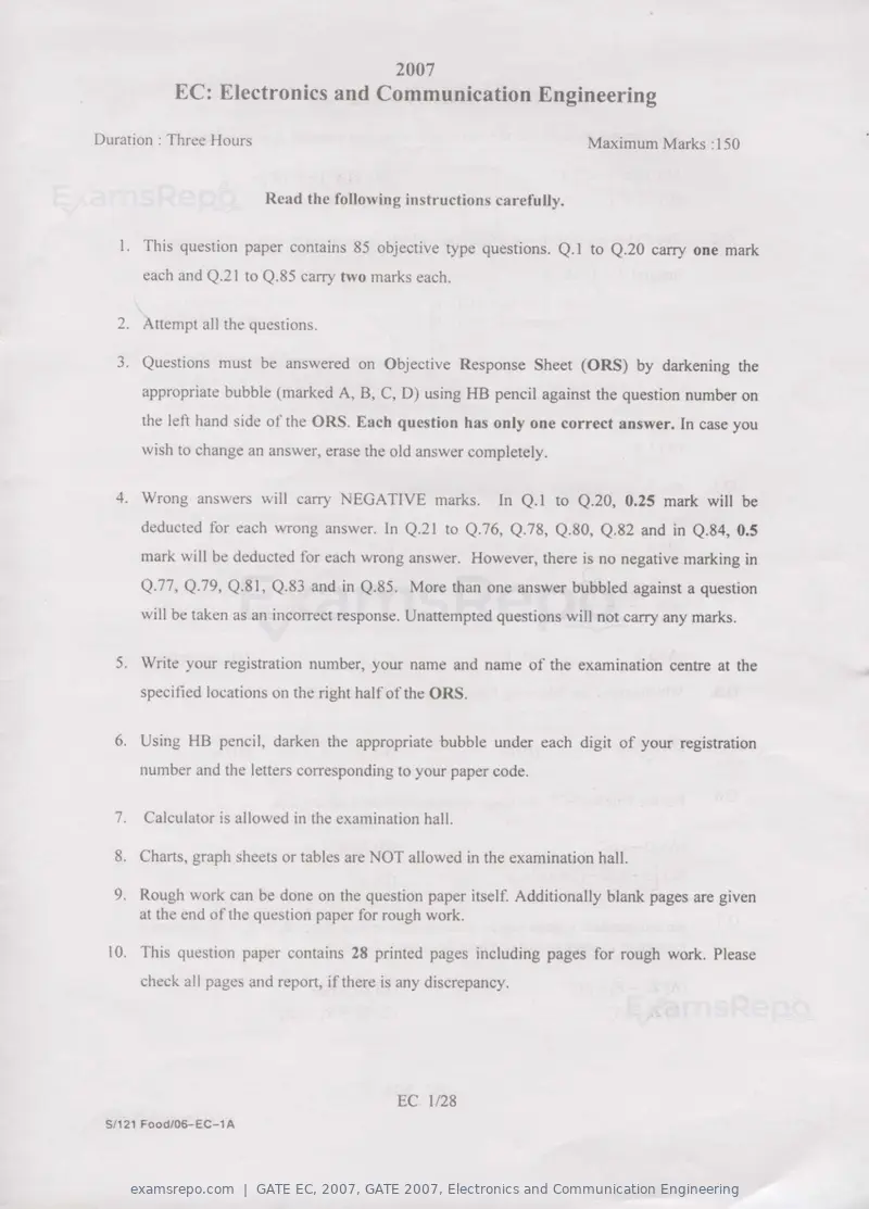 GATE EC 2007 question paper, GATE 2007, Electronics and Communication Engineering, page 1 of 22