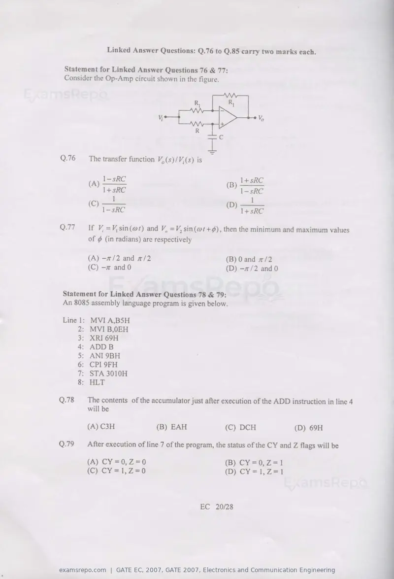 GATE EC 2007 question paper, GATE 2007, Electronics and Communication Engineering, page 20 of 22