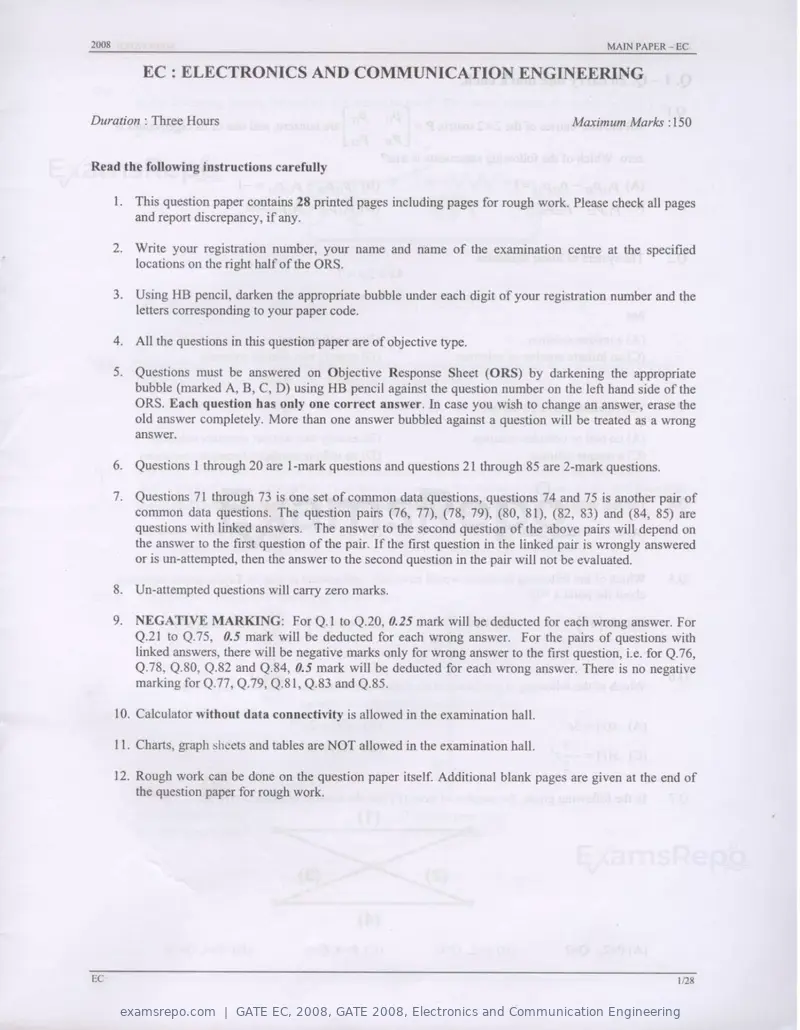 GATE EC 2008 question paper, GATE 2008, Electronics and Communication Engineering, page 1 of 24