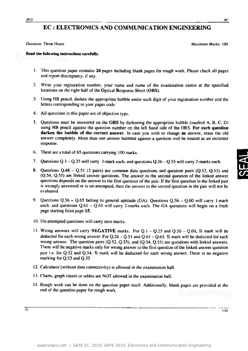 GATE EC 2010 question paper, GATE 2010, Electronics and Communication Engineering, page 1 of 24