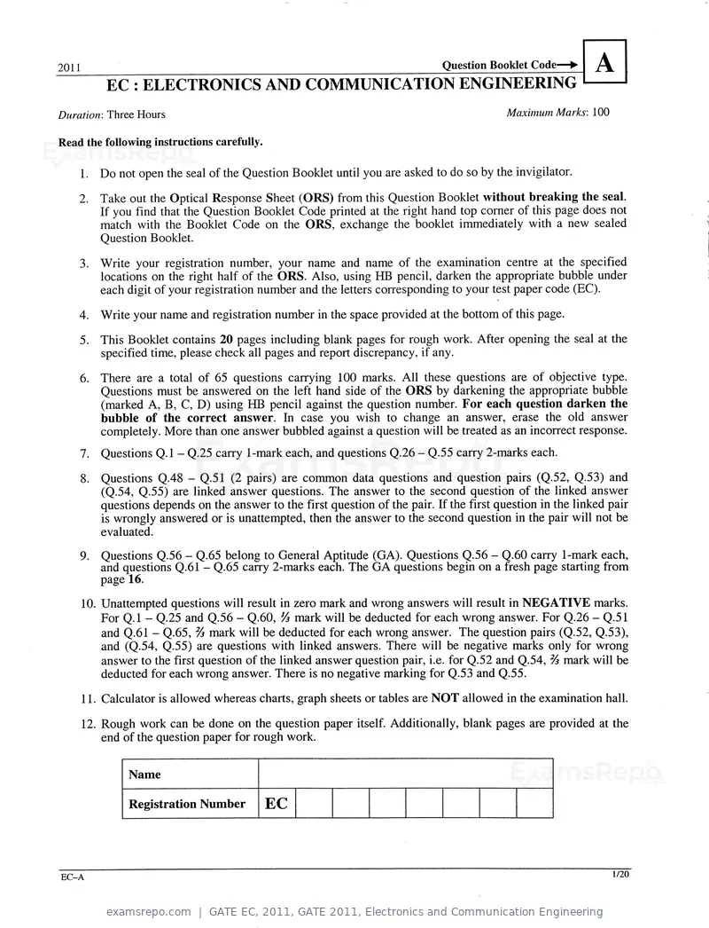 GATE EC 2011 question paper, GATE 2011, Electronics and Communication Engineering, page 1 of 17