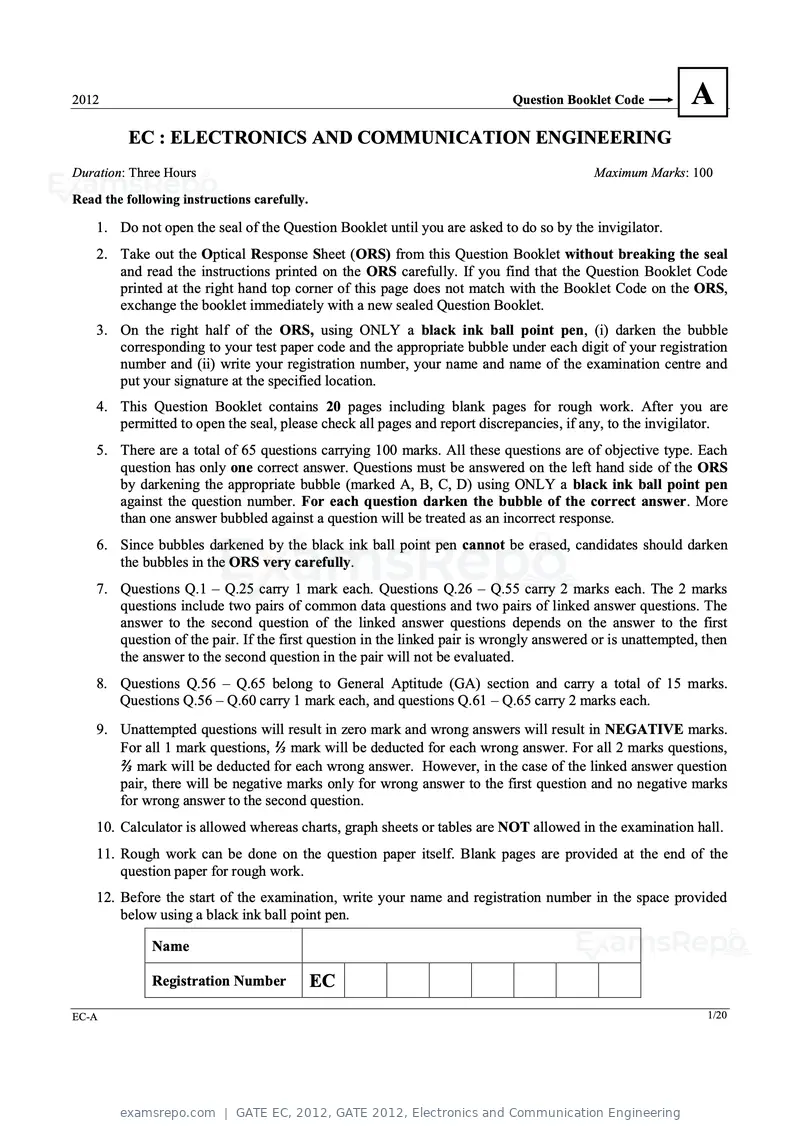 GATE EC 2012 question paper, GATE 2012, Electronics and Communication Engineering, page 1 of 16