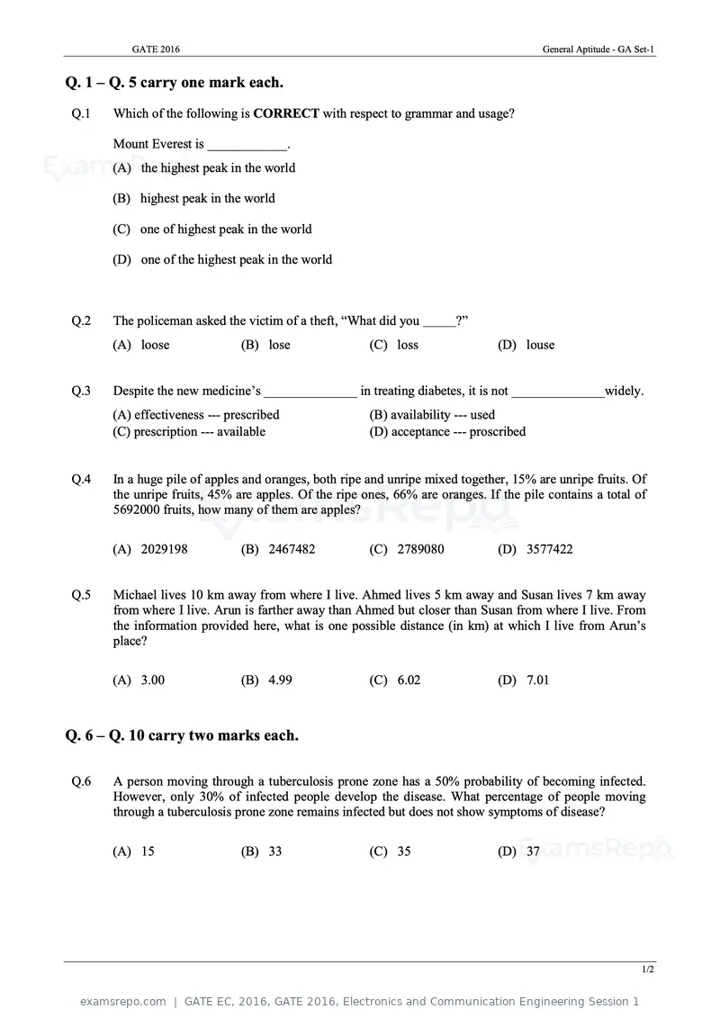 GATE EC 2016 question paper, GATE 2016, Electronics and Communication Engineering Session 1, page 1 of 64