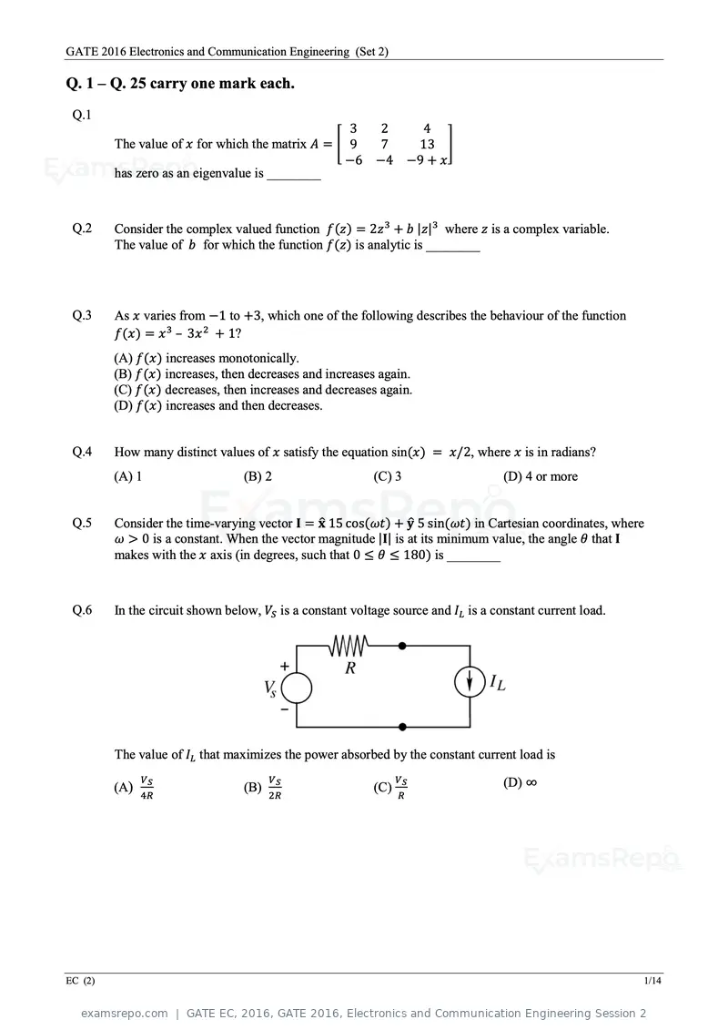 GATE EC 2016 question paper, GATE 2016, Electronics and Communication Engineering Session 2, page 25 of 64
