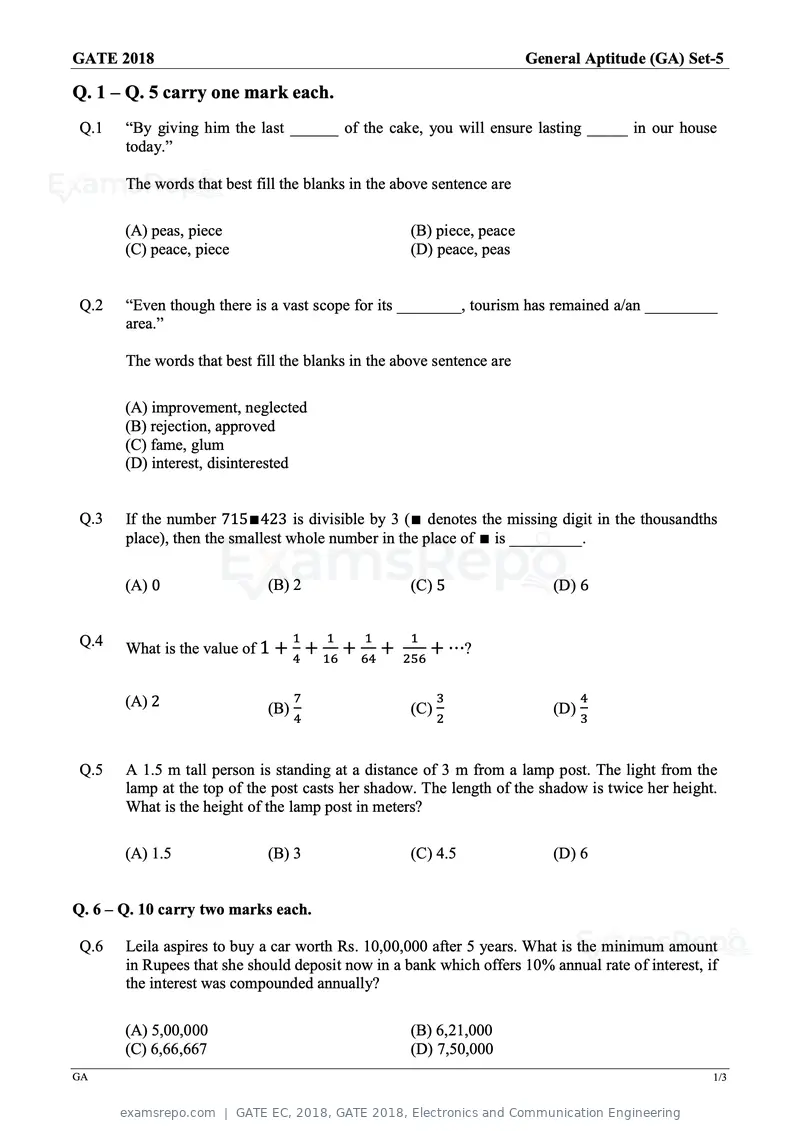 GATE EC 2018 question paper, GATE 2018, Electronics and Communication Engineering, page 1 of 23