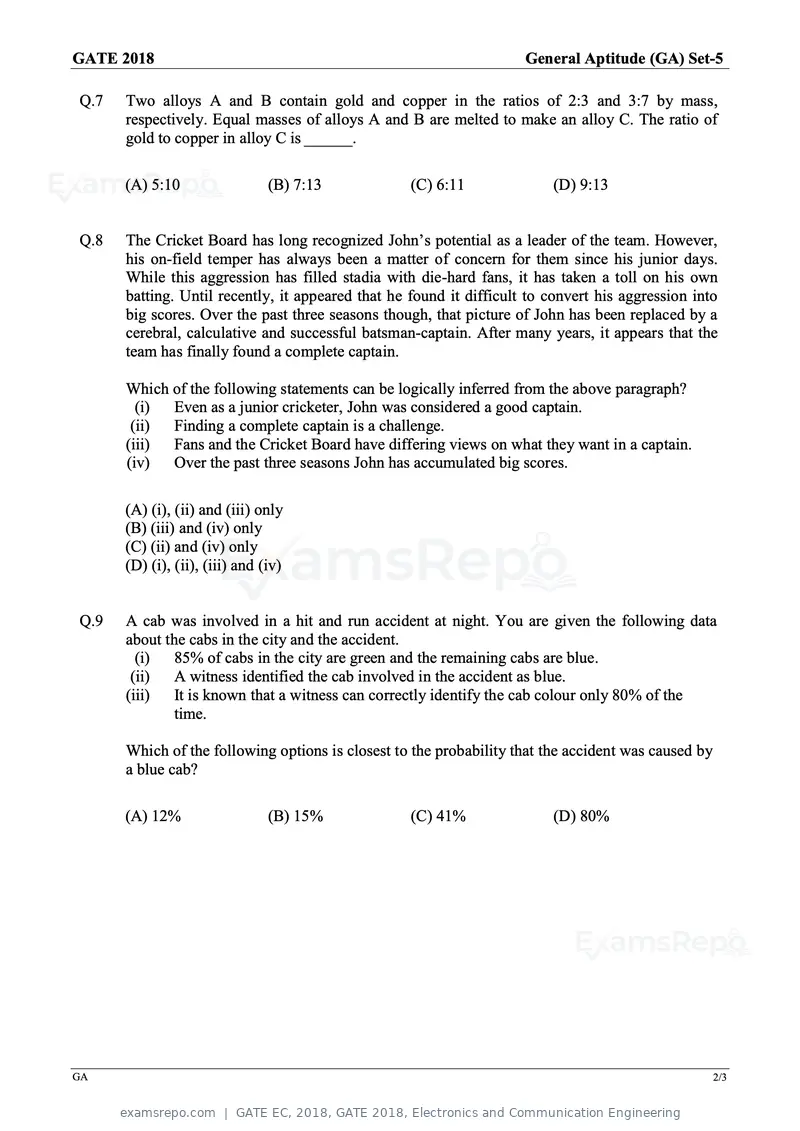 GATE EC 2018 question paper, GATE 2018, Electronics and Communication Engineering, page 2 of 23