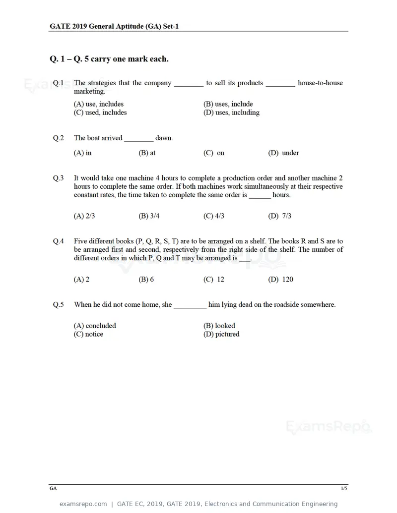 GATE EC 2019 question paper, GATE 2019, Electronics and Communication Engineering, page 1 of 31