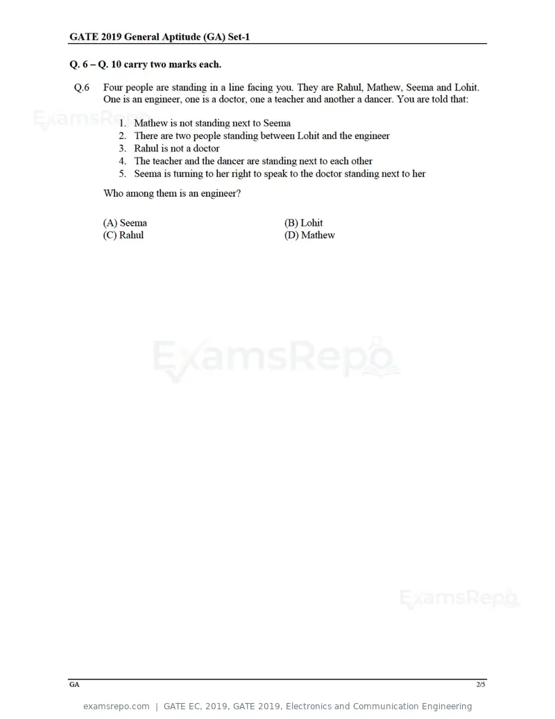 GATE EC 2019 question paper, GATE 2019, Electronics and Communication Engineering, page 2 of 31