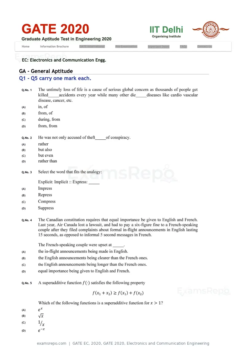 GATE EC 2020 question paper, GATE 2020, Electronics and Communication Engineering, page 1 of 20
