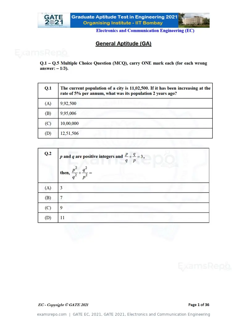 GATE EC 2021 question paper, GATE 2021, Electronics and Communication Engineering, page 1 of 39