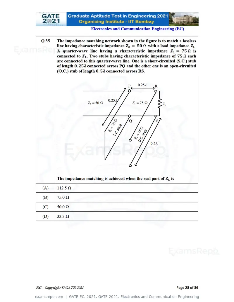 GATE EC 2021 question paper, GATE 2021, Electronics and Communication Engineering, page 28 of 39