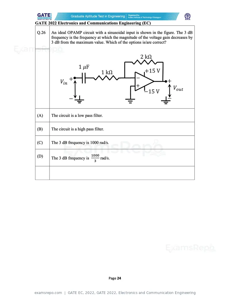 GATE EC 2022 question paper, GATE 2022, Electronics and Communication Engineering, page 24 of 54