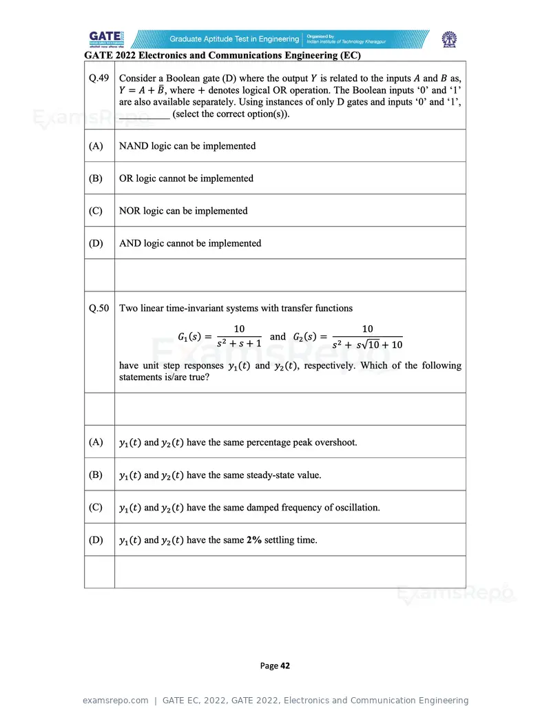 GATE EC 2022 question paper, GATE 2022, Electronics and Communication Engineering, page 42 of 54