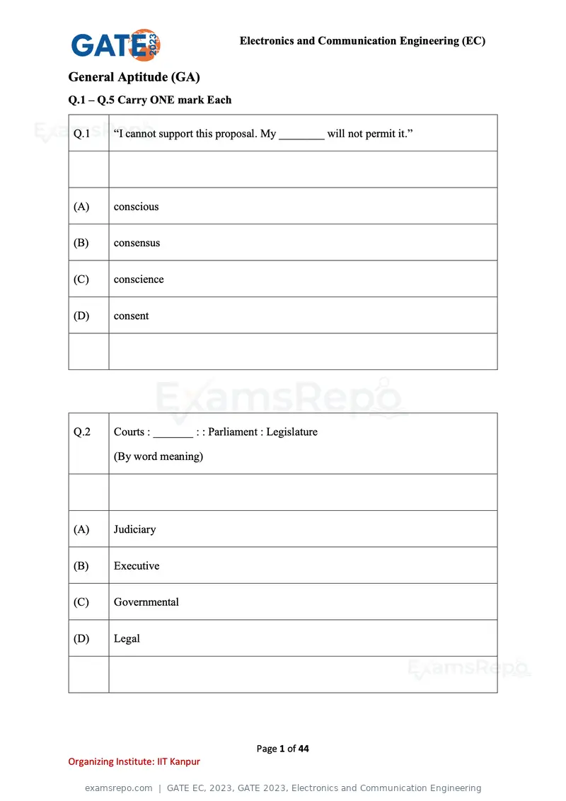 GATE EC 2023 question paper, GATE 2023, Electronics and Communication Engineering, page 1 of 44