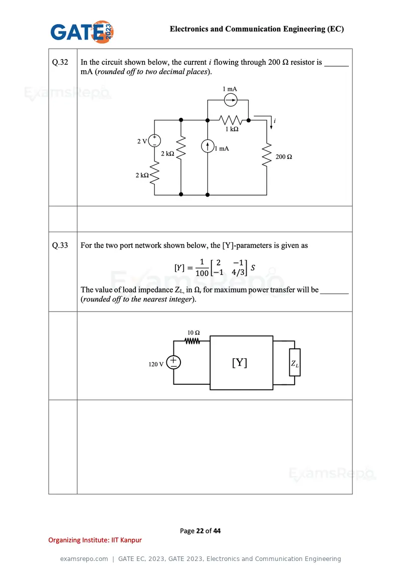 GATE EC 2023 question paper, GATE 2023, Electronics and Communication Engineering, page 22 of 44