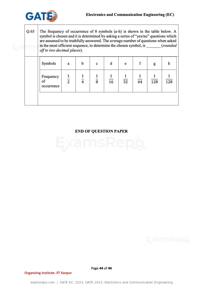 GATE EC 2023 question paper, GATE 2023, Electronics and Communication Engineering, page 44 of 44
