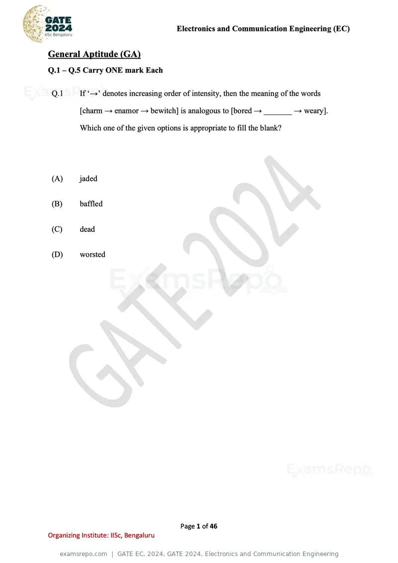 GATE EC 2024 question paper, GATE 2024, Electronics and Communication Engineering, page 1 of 46