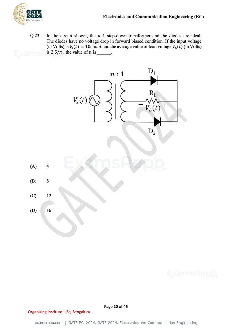 GATE EC 2024 question paper, GATE 2024, Electronics and Communication Engineering, page 20 of 46