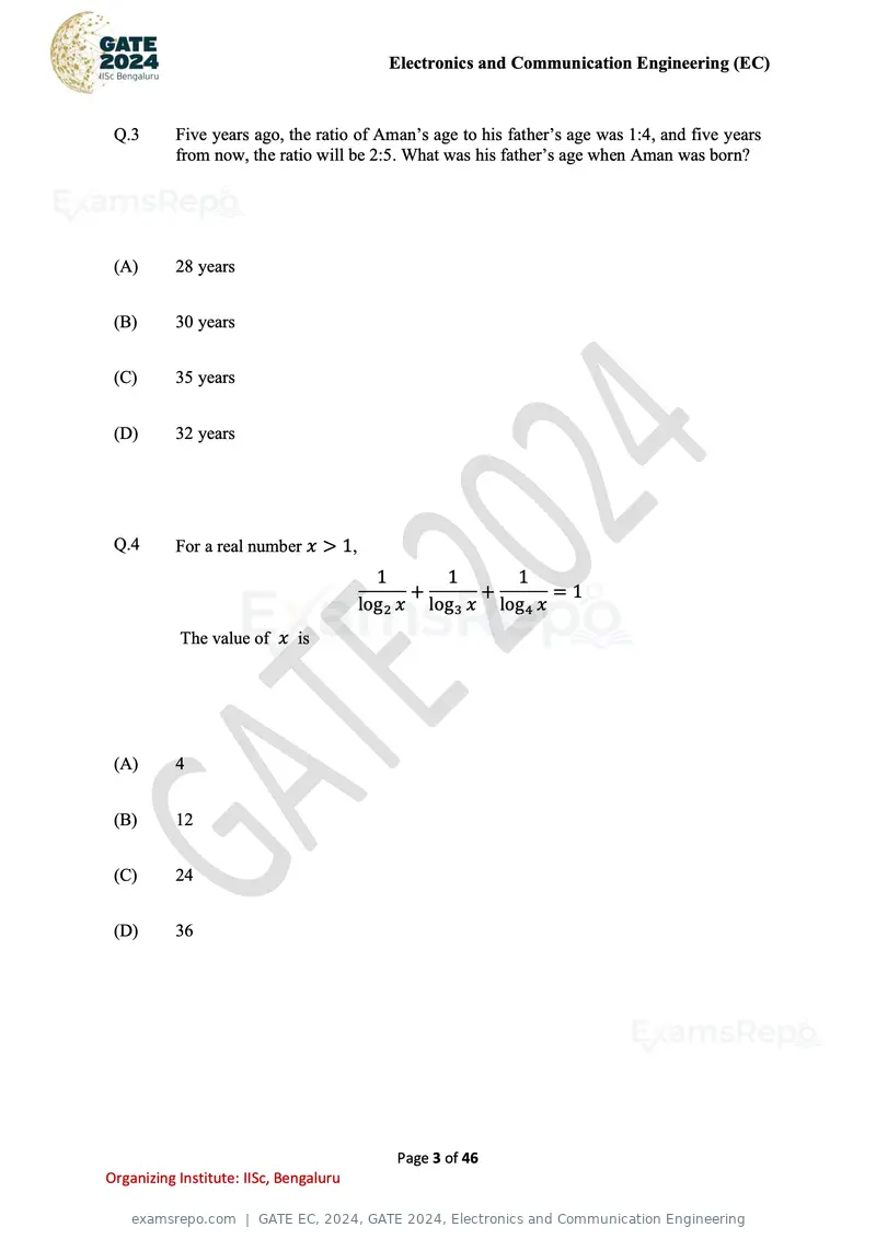 GATE EC 2024 question paper, GATE 2024, Electronics and Communication Engineering, page 3 of 46