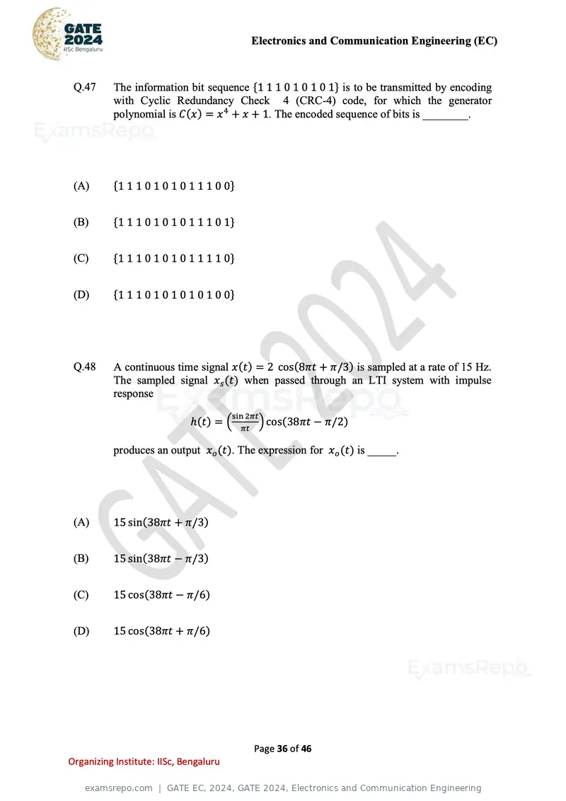 GATE EC 2024 question paper, GATE 2024, Electronics and Communication Engineering, page 36 of 46