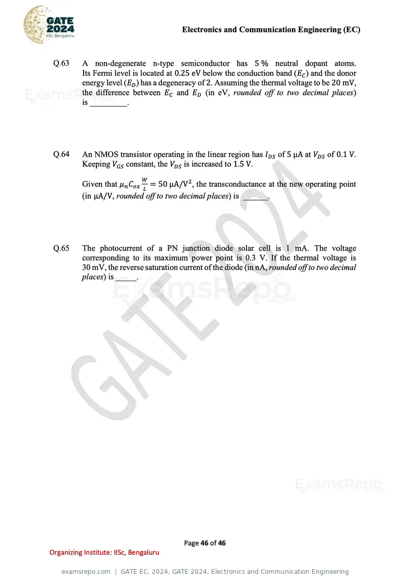 GATE EC 2024 question paper, GATE 2024, Electronics and Communication Engineering, page 46 of 46