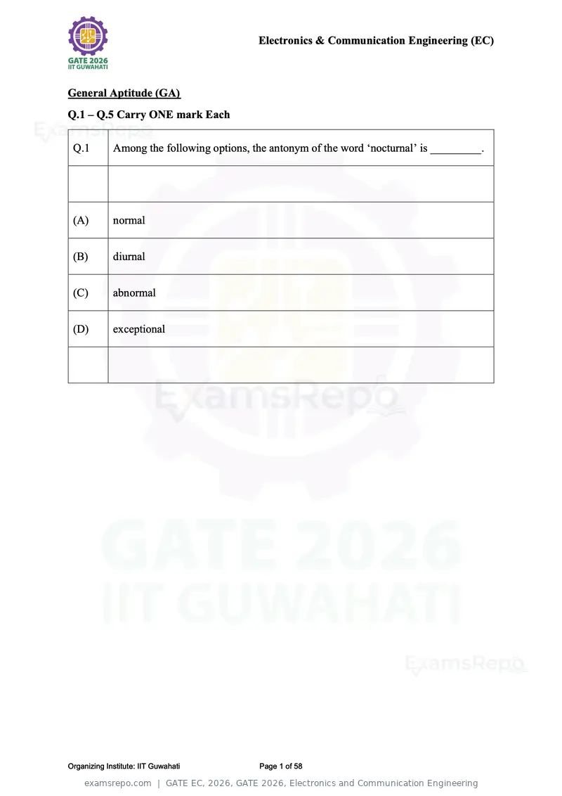 GATE EC 2026 question paper, GATE 2026, Electronics and Communication Engineering, page 1 of 58