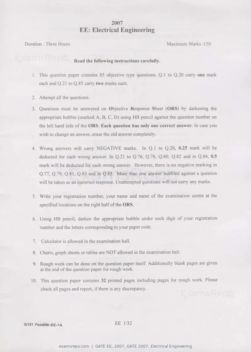 GATE EE 2007 question paper, GATE 2007, Electrical Engineering, page 1 of 27