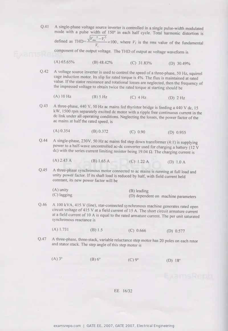 GATE EE 2007 question paper, GATE 2007, Electrical Engineering, page 16 of 27
