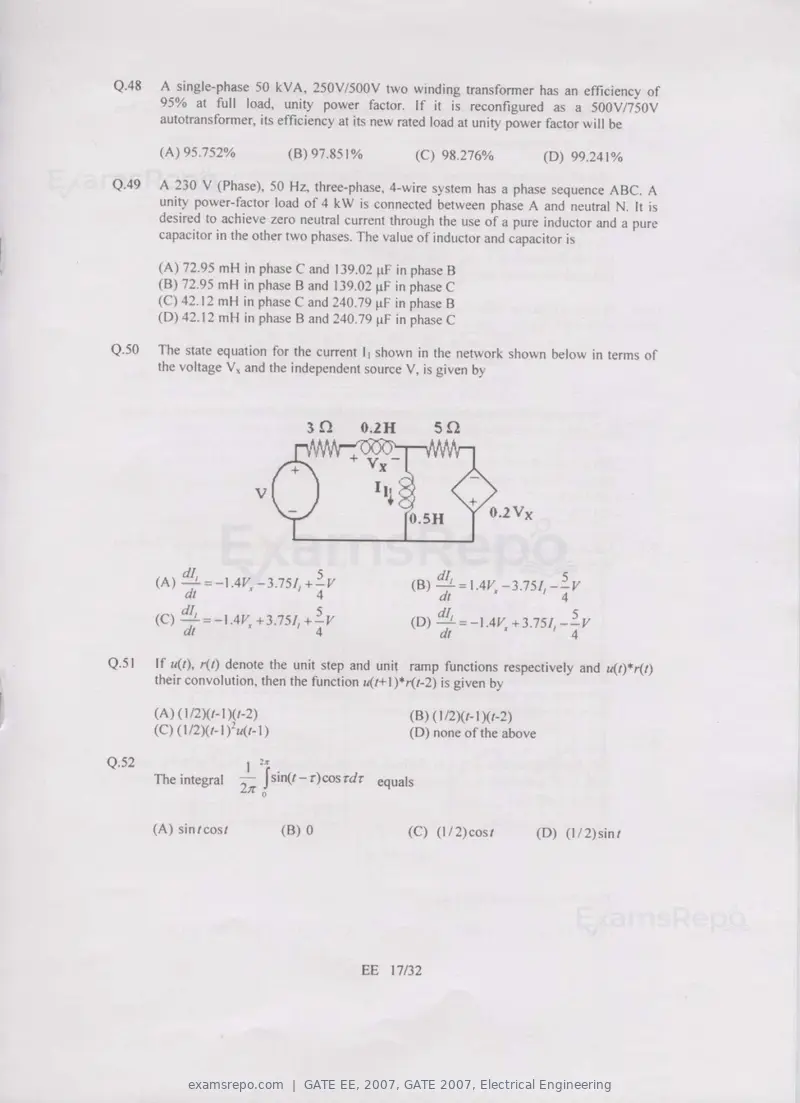 GATE EE 2007 question paper, GATE 2007, Electrical Engineering, page 17 of 27