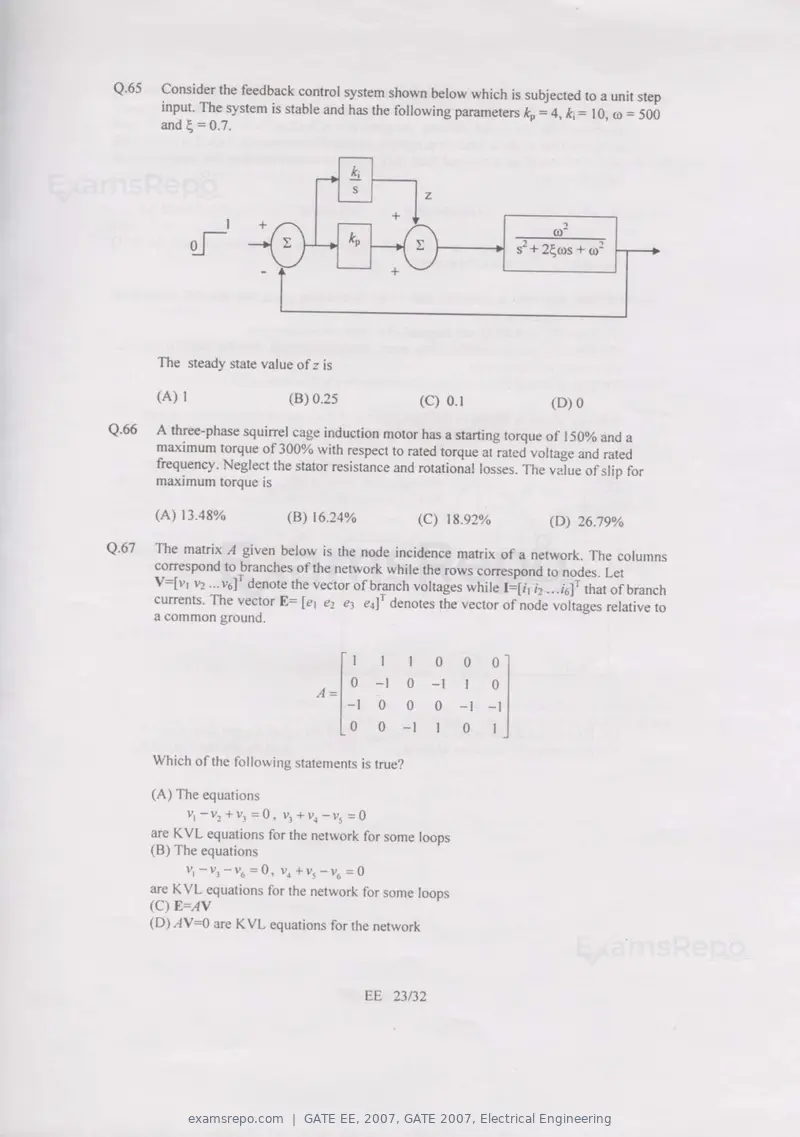 GATE EE 2007 question paper, GATE 2007, Electrical Engineering, page 23 of 27
