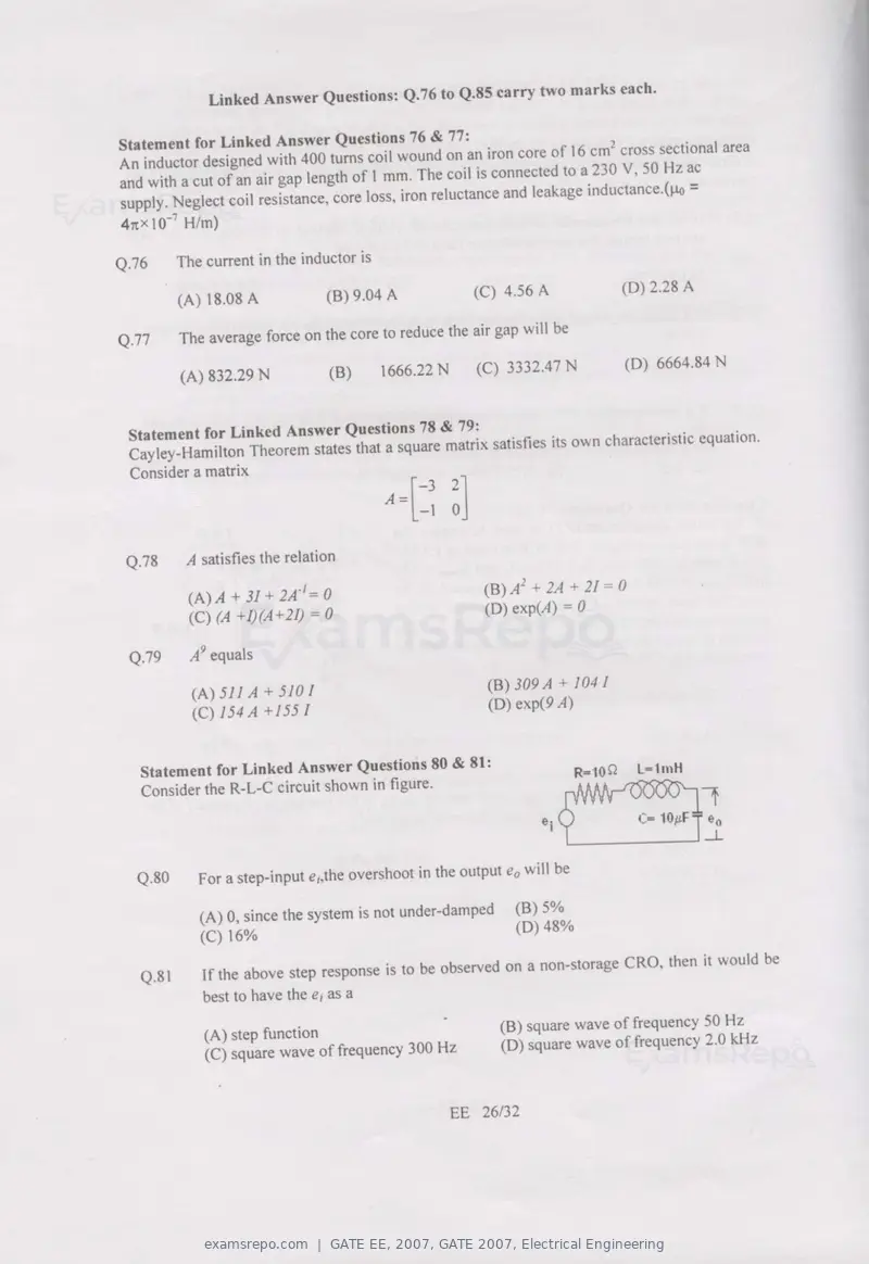 GATE EE 2007 question paper, GATE 2007, Electrical Engineering, page 26 of 27
