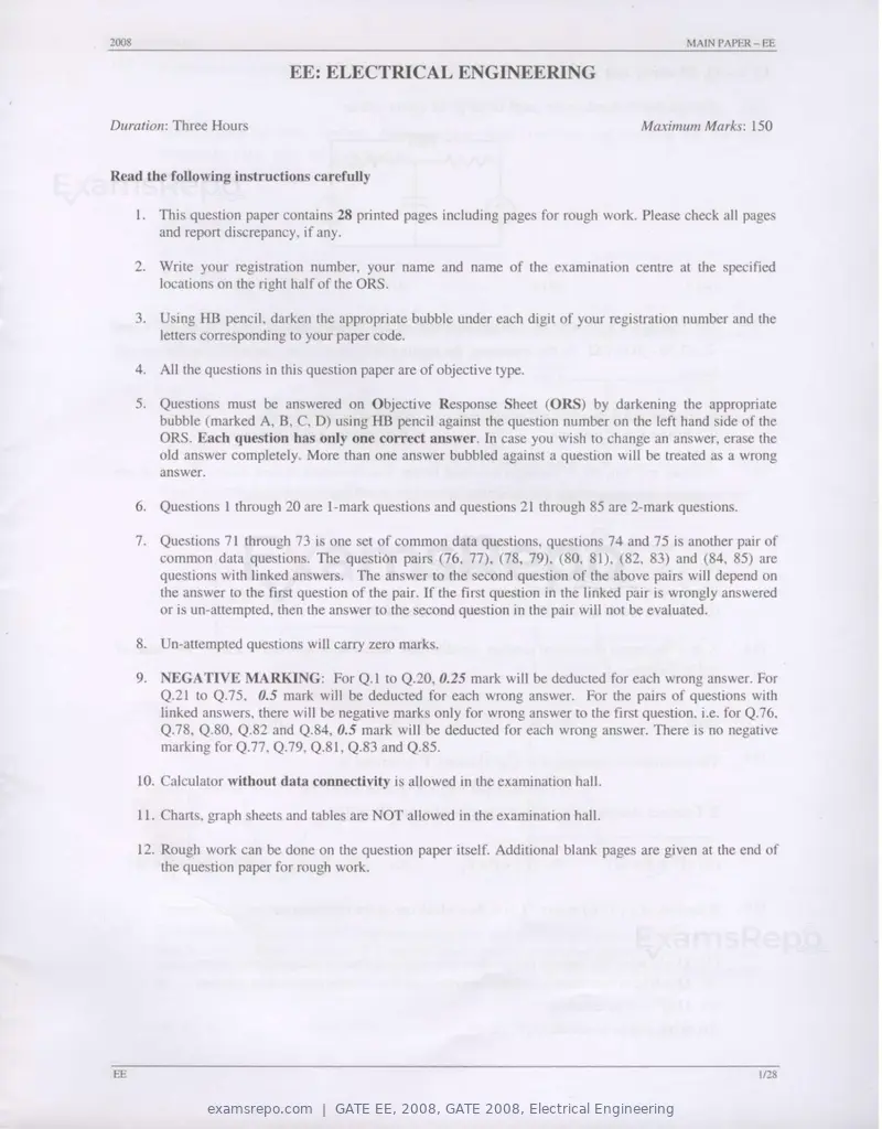 GATE EE 2008 question paper, GATE 2008, Electrical Engineering, page 1 of 24