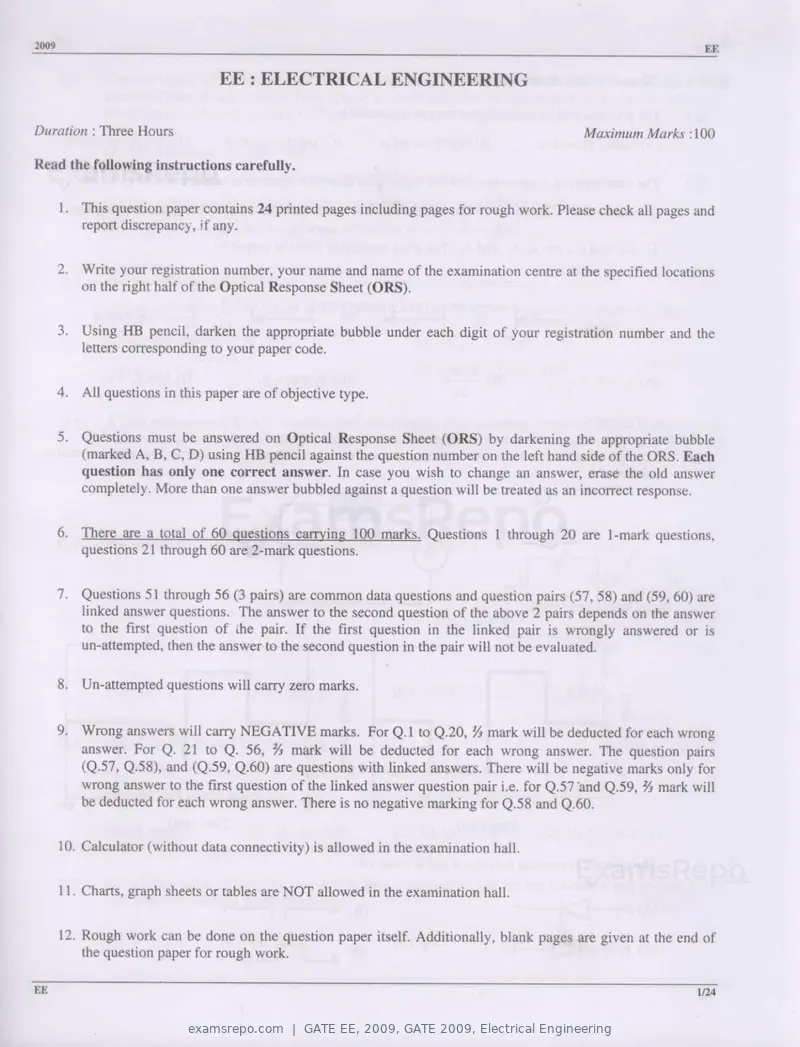 GATE EE 2009 question paper, GATE 2009, Electrical Engineering, page 1 of 19