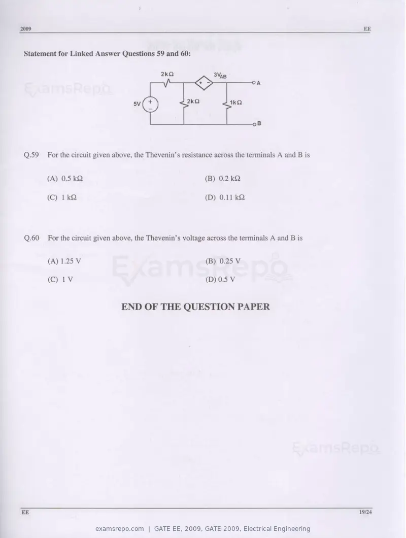 GATE EE 2009 question paper, GATE 2009, Electrical Engineering, page 19 of 19