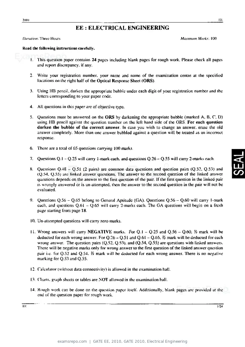 GATE EE 2010 question paper, GATE 2010, Electrical Engineering, page 1 of 24