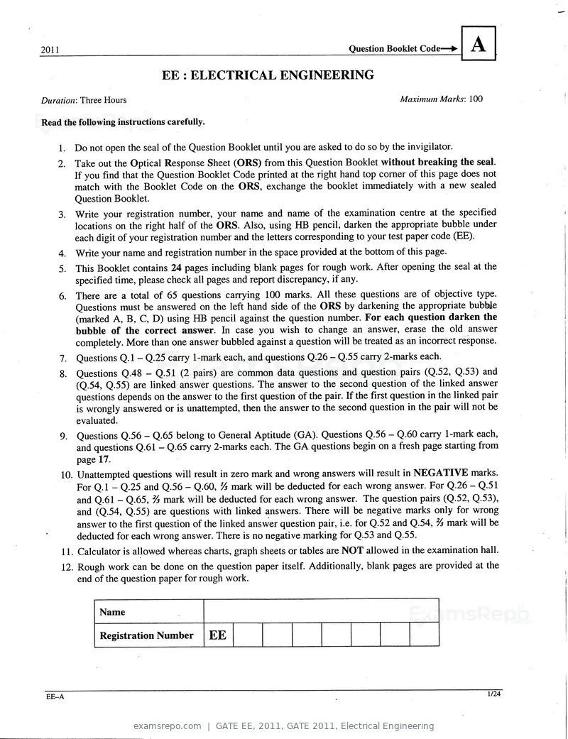 GATE EE 2011 question paper, GATE 2011, Electrical Engineering, page 1 of 18