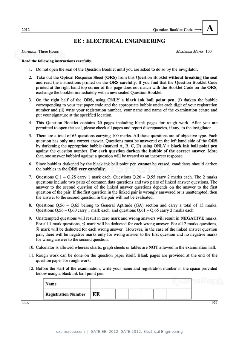 GATE EE 2012 question paper, GATE 2012, Electrical Engineering, page 1 of 16