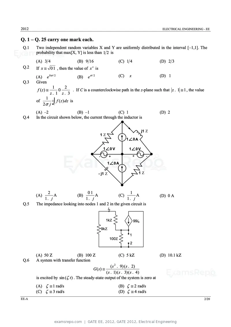 GATE EE 2012 question paper, GATE 2012, Electrical Engineering, page 2 of 16