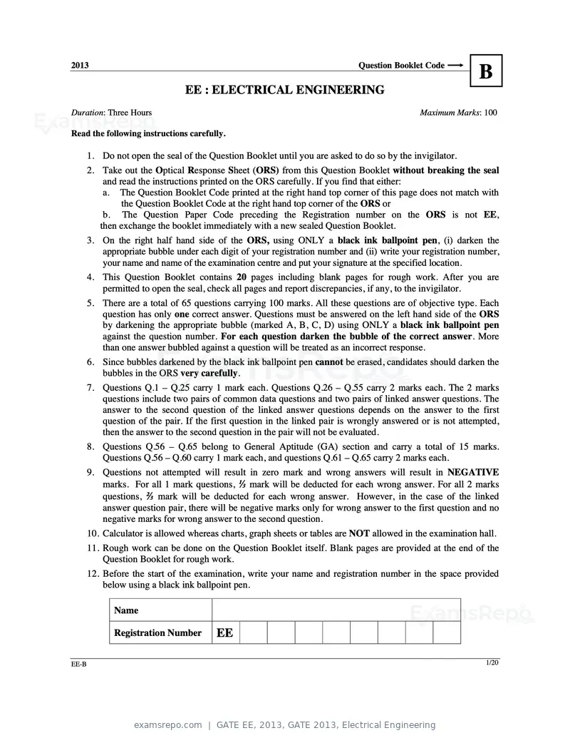 GATE EE 2013 question paper, GATE 2013, Electrical Engineering, page 19 of 68