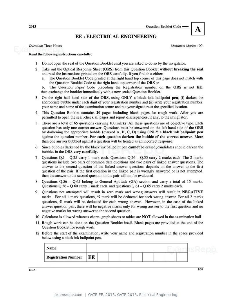 GATE EE 2013 question paper, GATE 2013, Electrical Engineering, page 2 of 68